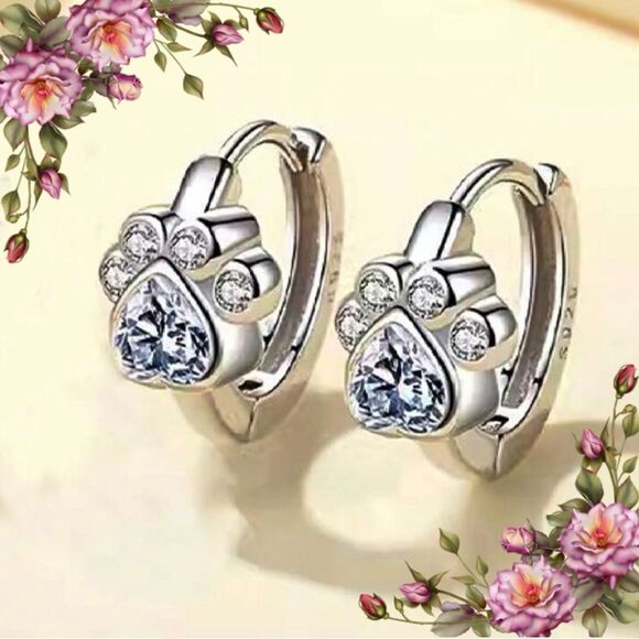 Cute Pet Paw Print Design Silver Tone & Zirconia Ear Stud Earrings - Picture 1 of 10